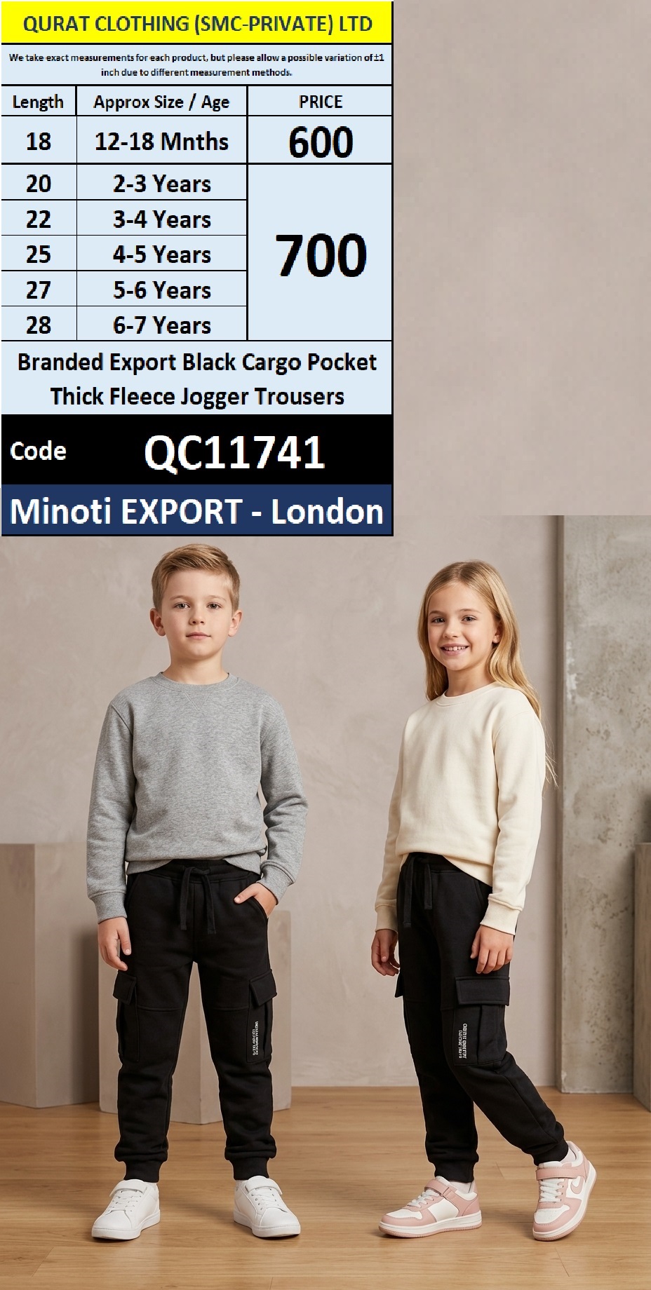  Branded Export Black Cargo Pocket Thick Fleece Jogger Trousers - 11741 - Export London