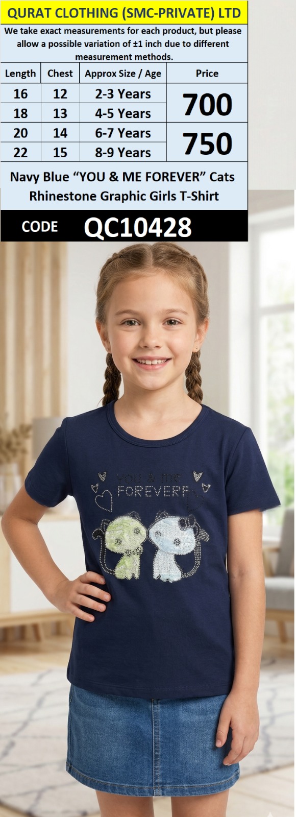 Navy Blue “YOU & ME FOREVER” Cats Rhinestone Graphic Girls T-Shirt – QC10428