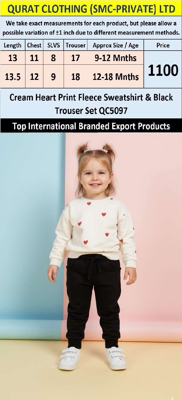 Cream Heart Print Fleece Sweatshirt & Black Trouser Set QC5097 – Top International Branded Export Product