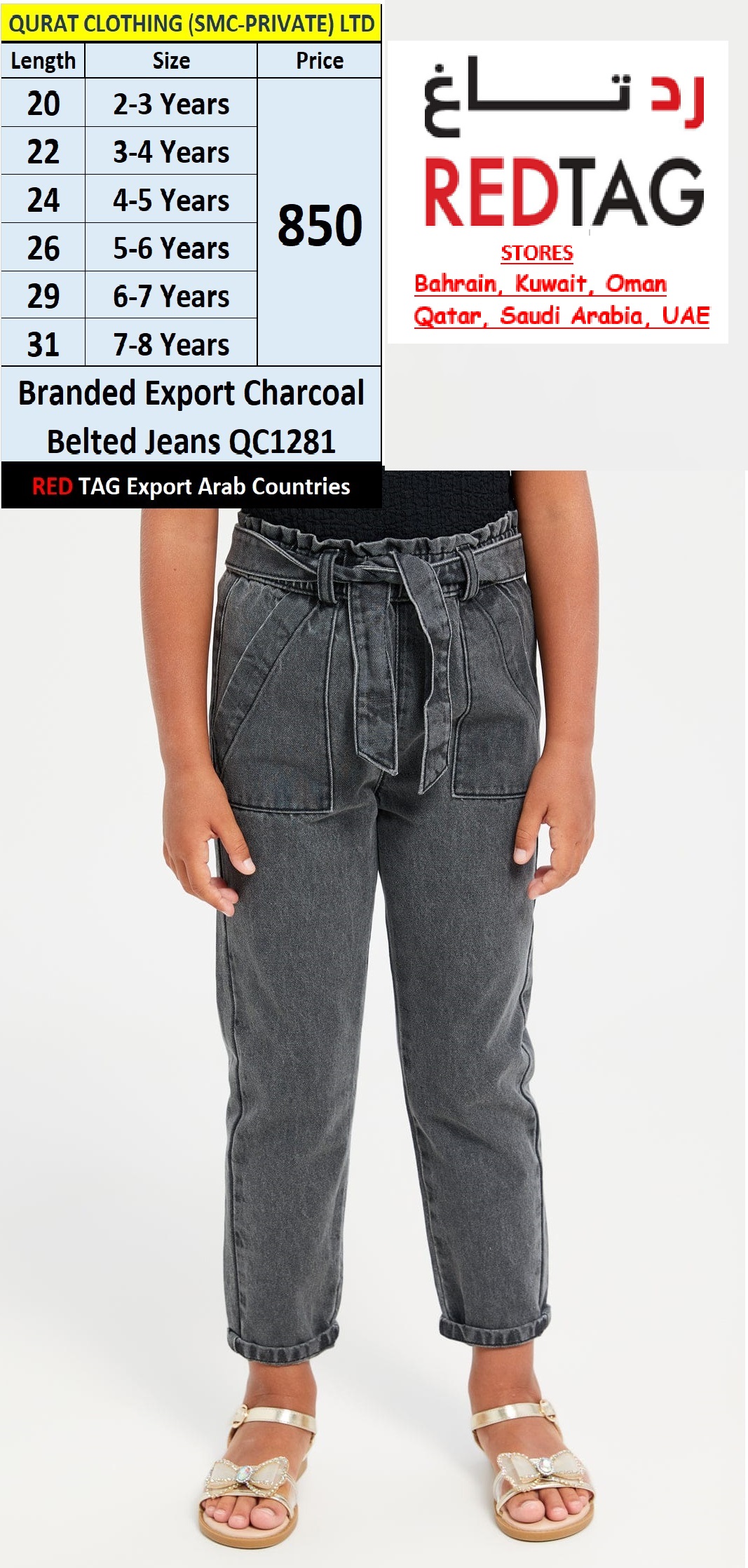 RED TAG Fashion Brand Charcoal Belted Jeans QC1281 Export Arab Countries - QC1281