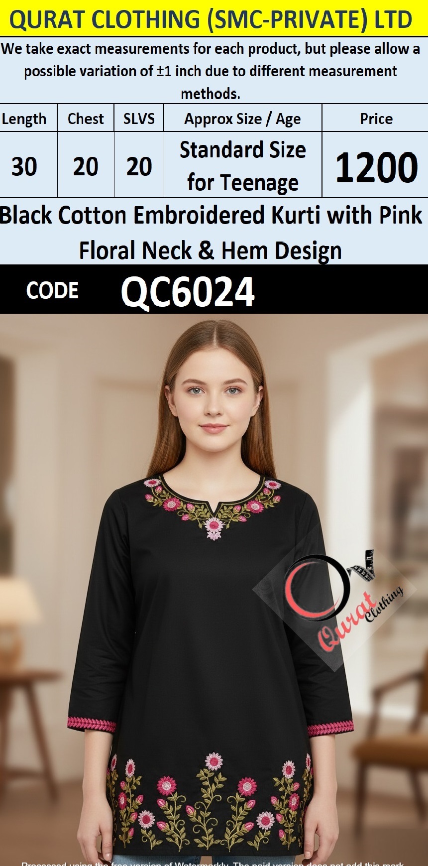 Black Cotton Embroidered Kurti with Pink Floral Neck & Hem Design – QC6024