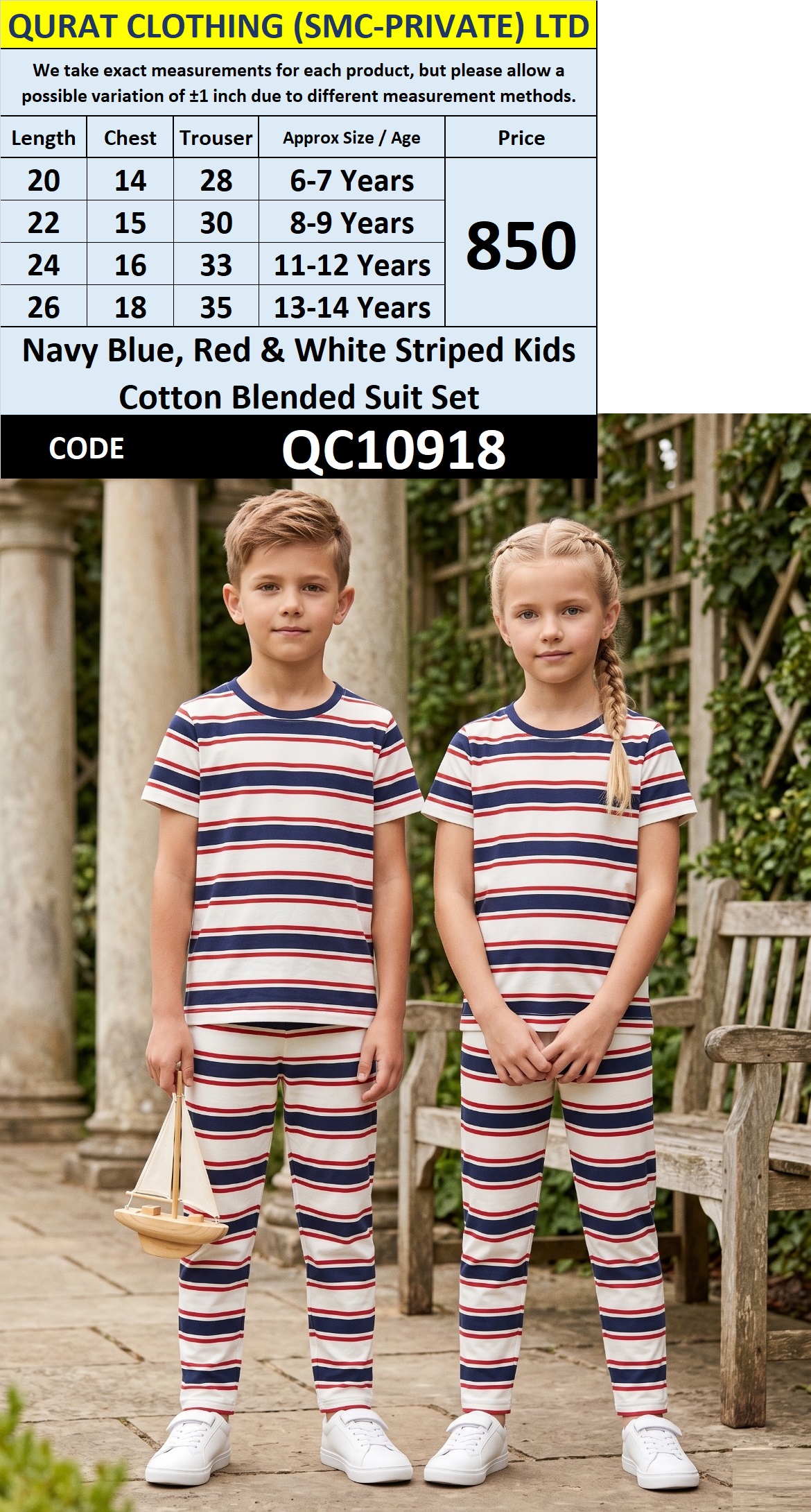 Navy Blue, Red & White Striped Kids Cotton Blended Suit Set QC10918