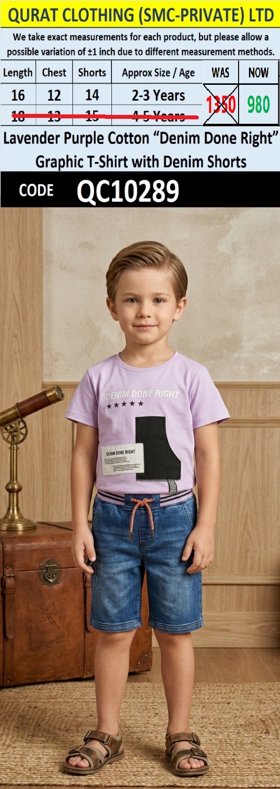 Lavender Purple Cotton “Denim Done Right” Graphic T-Shirt with Denim Shorts – QC10289