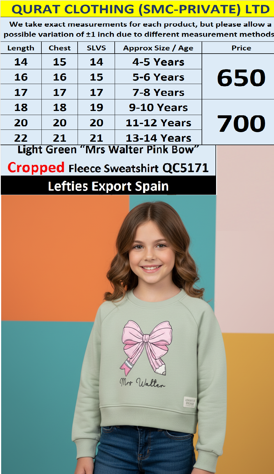 Lefties Brand Light Green “Mrs Walter Pink Bow” Cropped Fleece Sweatshirt QC5171 – Export Spain