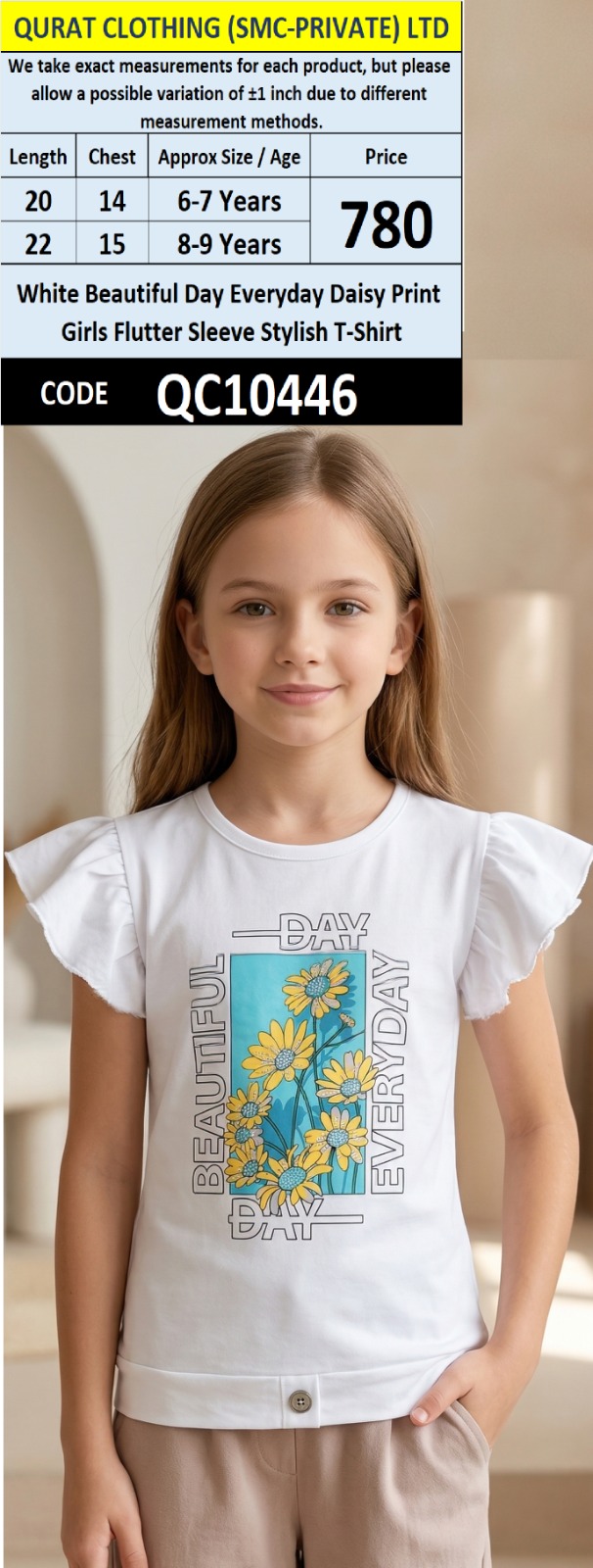 White Beautiful Day Everyday Daisy Print Girls Flutter Sleeve Stylish T-Shirt QC10446