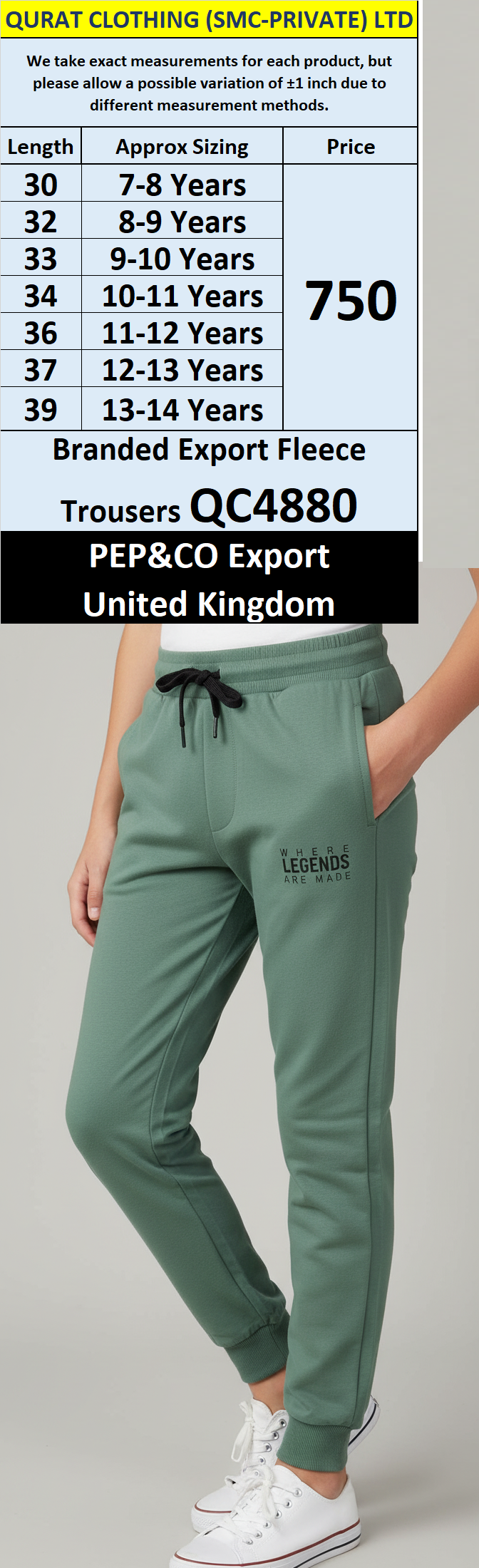 PEP&CO QC4880 Green Fleece Jogger Trousers – “Where Legends Are Made” Print – Export UK