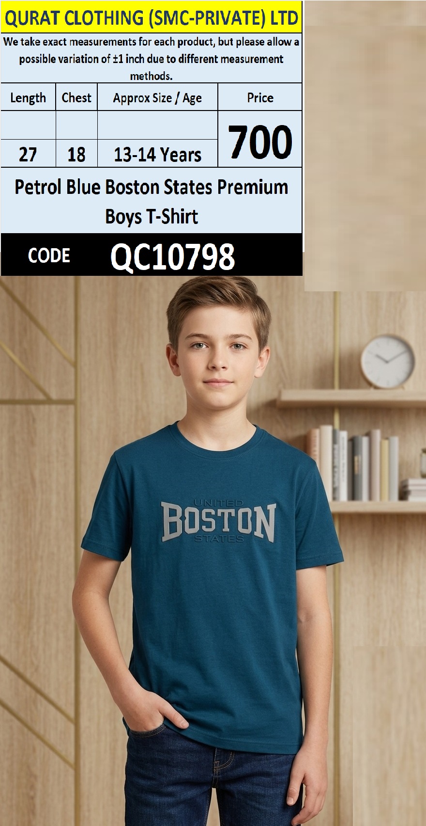 Petrol Blue Boston States Premium Boys T-Shirt QC10798
