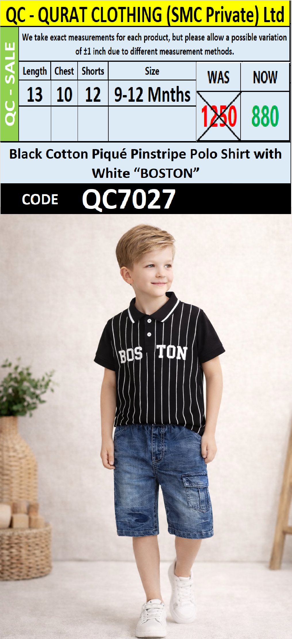 Black Cotton Piqué Pinstripe Polo Shirt with White “BOSTON” Print QC7027
