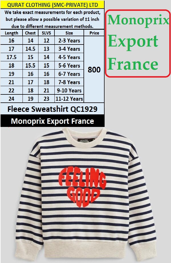 Monoprix Brand Fleece Sweatshirt QC1929 Export France