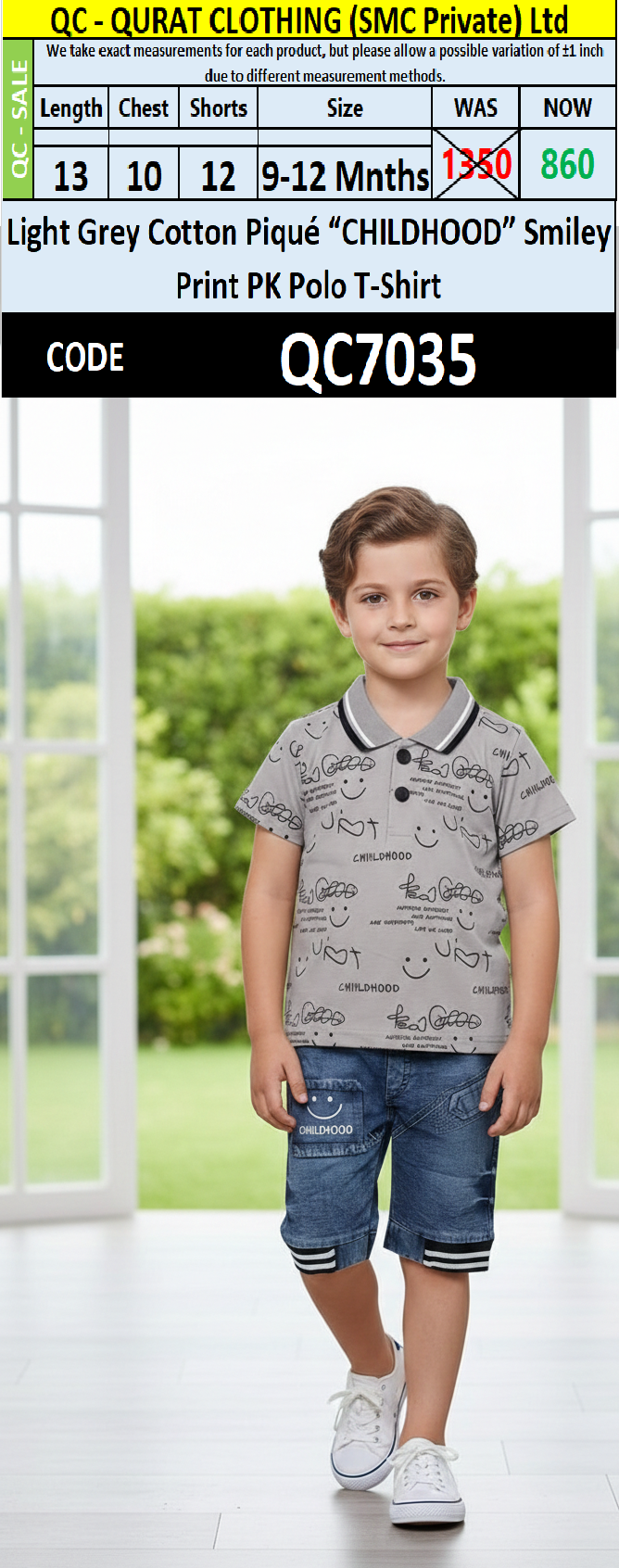 Light Grey Cotton Piqué “CHILDHOOD” Smiley Print PK Polo T-Shirt with Denim Shorts Boys Summer Set QC7035