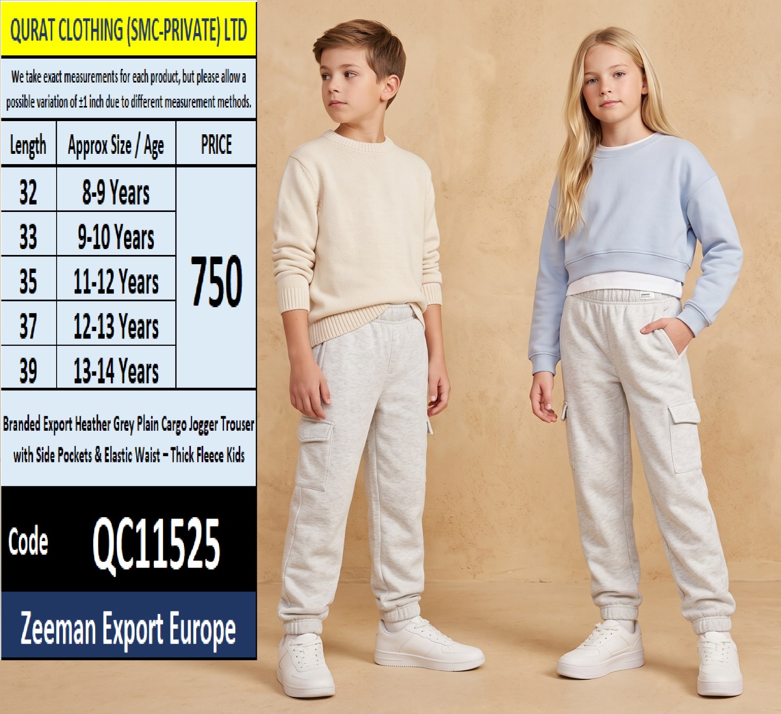 Zeeman Export Europe Branded Heather Grey Plain Cargo Jogger Trouser with Side Pockets & Elastic Waist – Thick Fleece Kids – QC11525
