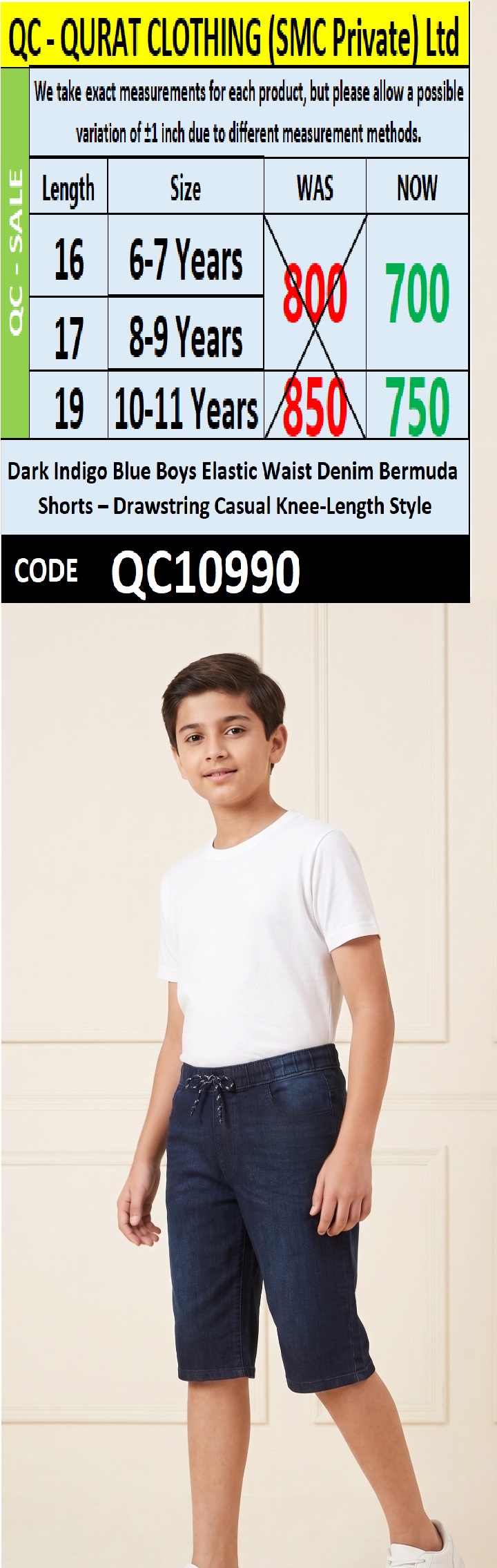 Dark Indigo Blue Boys Elastic Waist Denim Bermuda Shorts – Drawstring Casual Knee-Length Style | QC10990