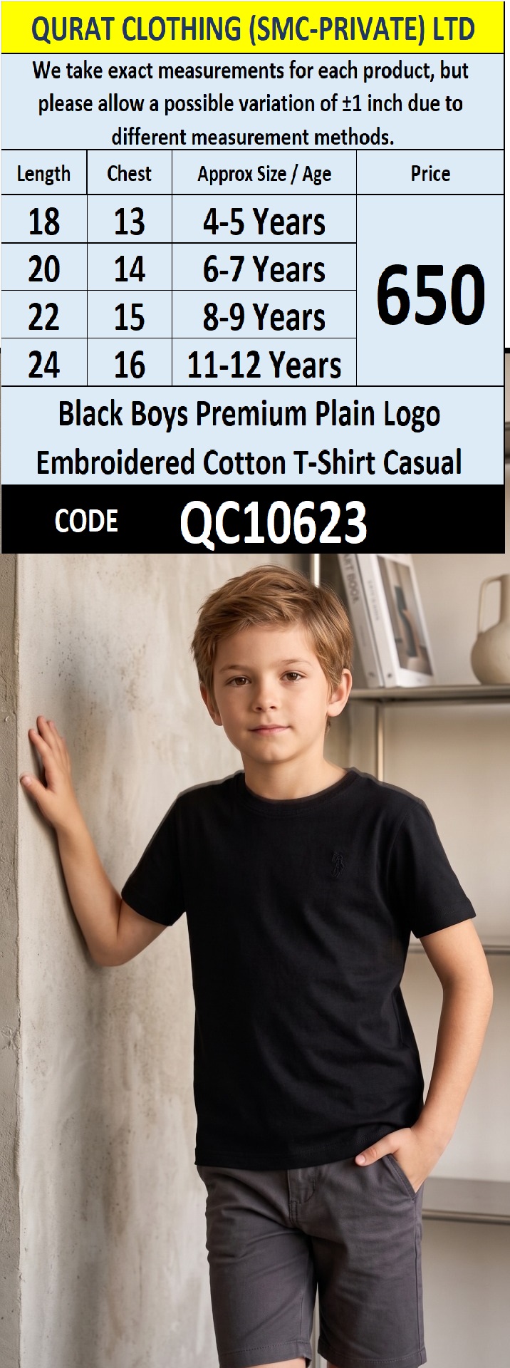 Black Boys Premium Plain Logo Embroidered Cotton T-Shirt Casual QC10623