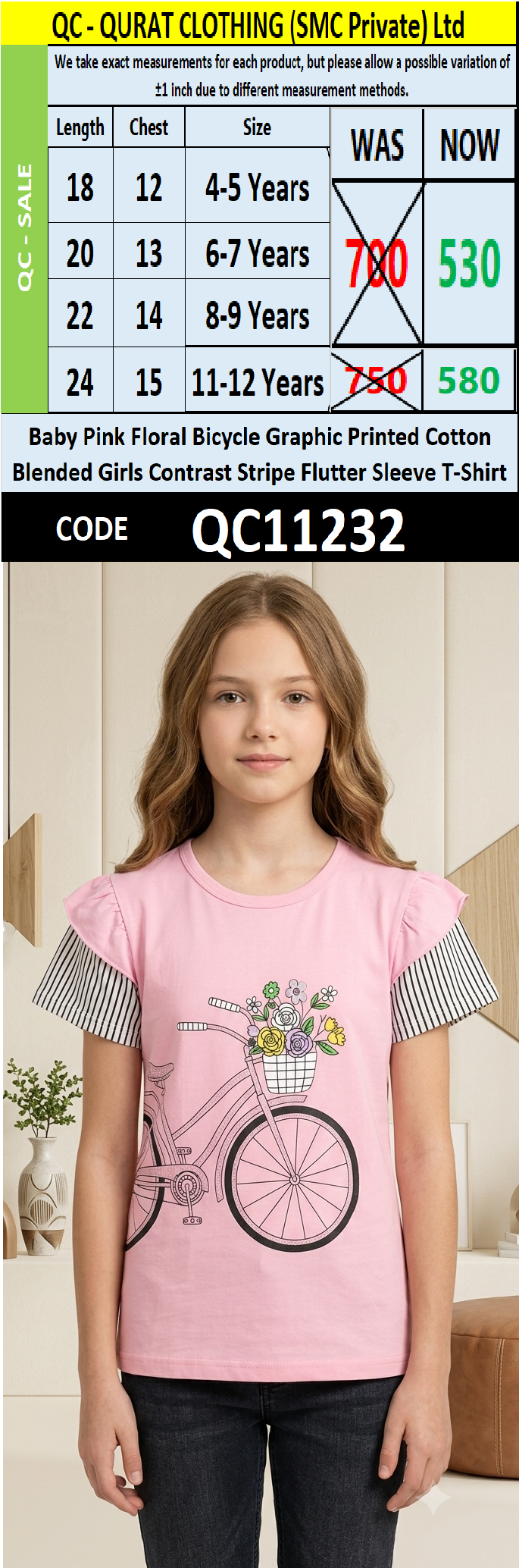 Baby Pink Floral Bicycle Graphic Printed Cotton Blended Girls Contrast Stripe Flutter Sleeve T-Shirt QC11232