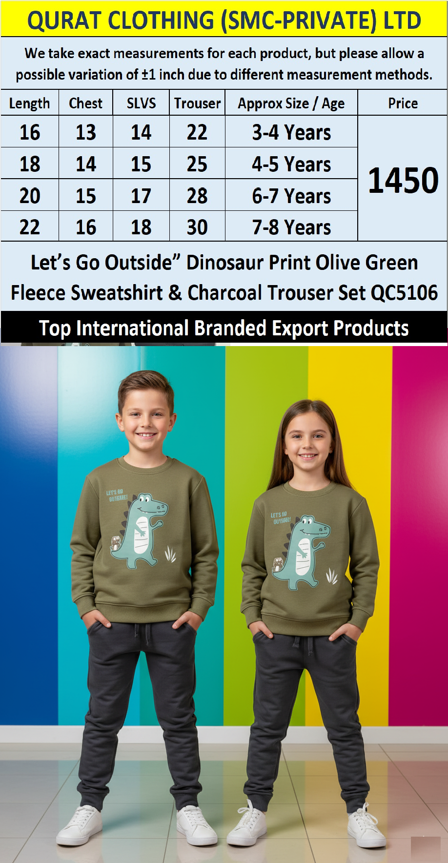 “Let’s Go Outside” Dinosaur Print Olive Green Fleece Sweatshirt & Charcoal Trouser Set QC5106 – Top International Branded Export Product - QC5106
