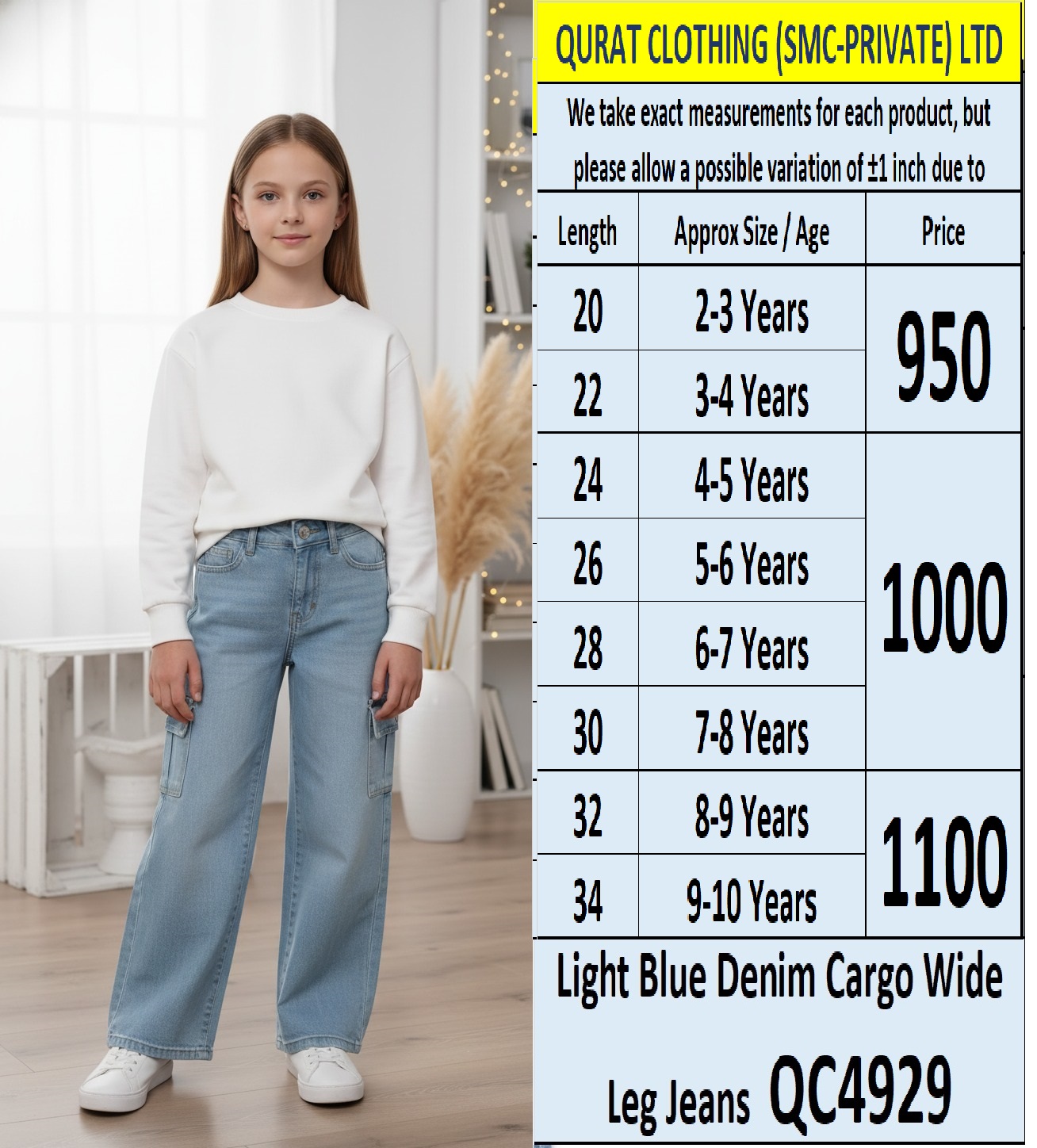 Girls Light Blue Denim Cargo Wide Leg Jeans QC4929