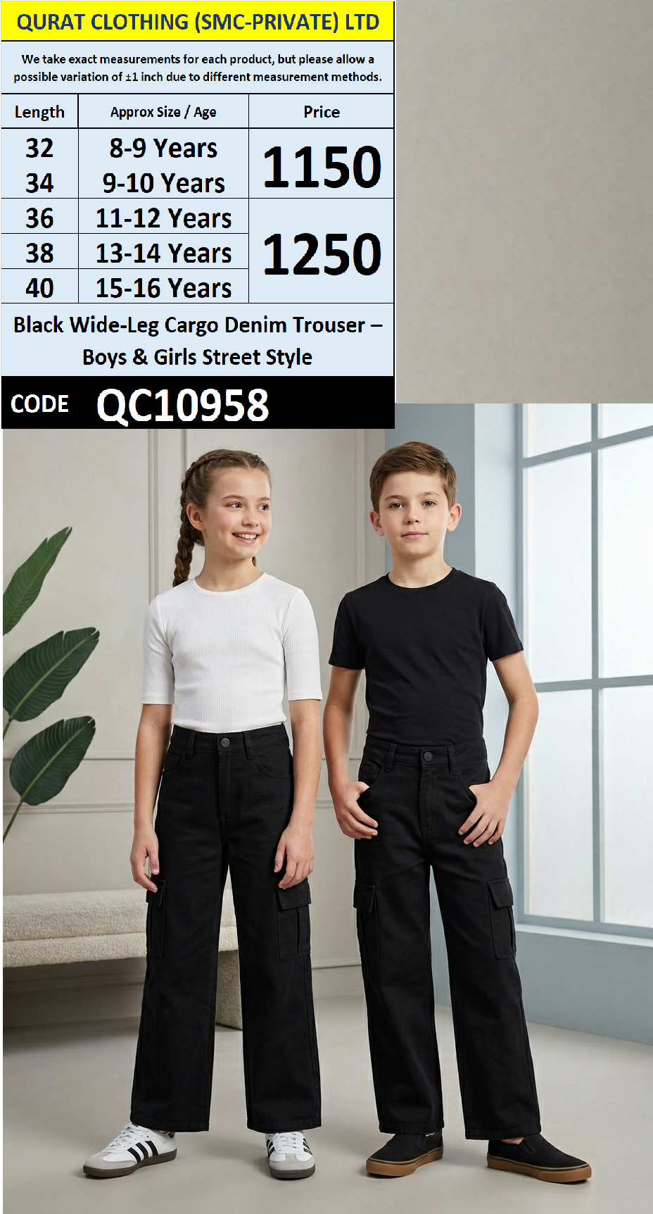 Black Wide-Leg Cargo Denim Trouser – Boys & Girls Street Style QC10958