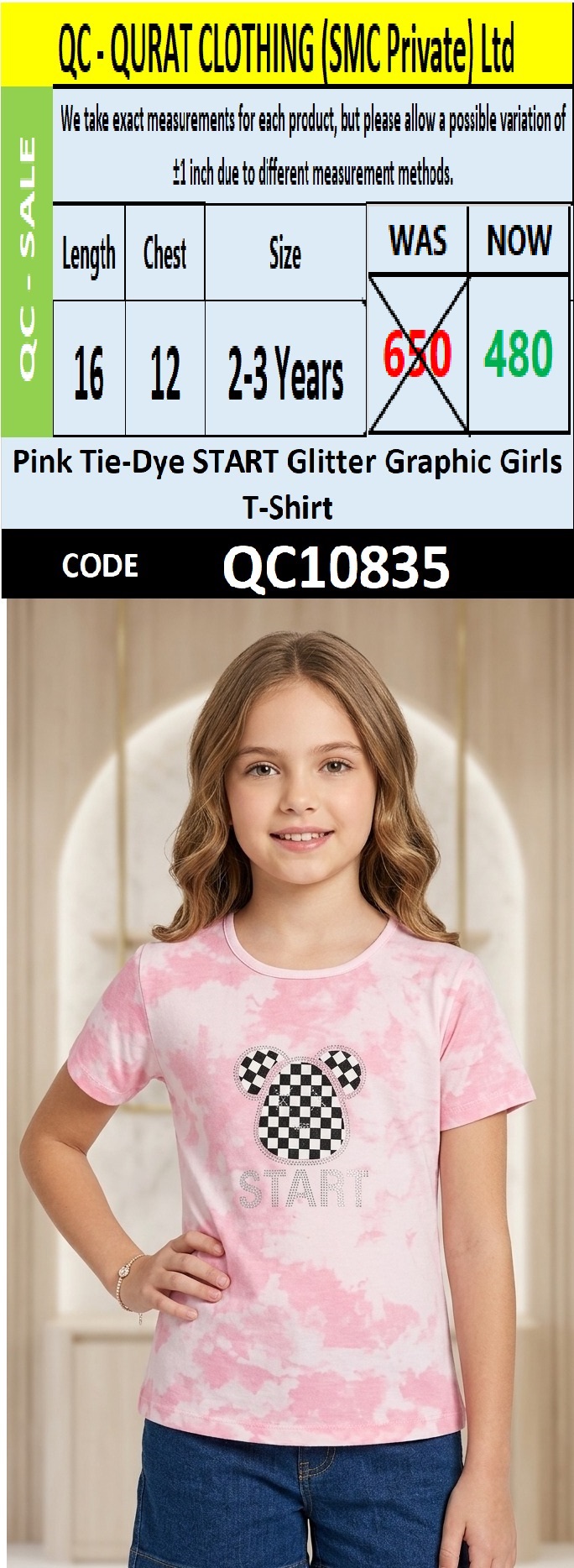 Pink Tie-Dye START Glitter Graphic Girls T-Shirt QC10835