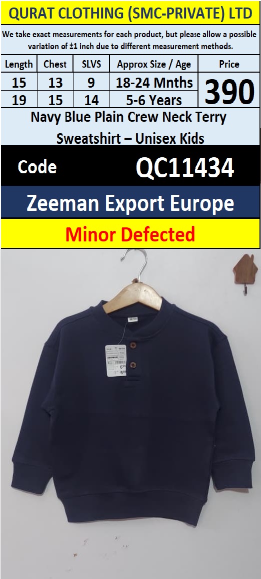 Minor Defected Zeeman Export Europe Navy Blue Plain Crew Neck Terry Sweatshirt – Unisex Kids – QC11434