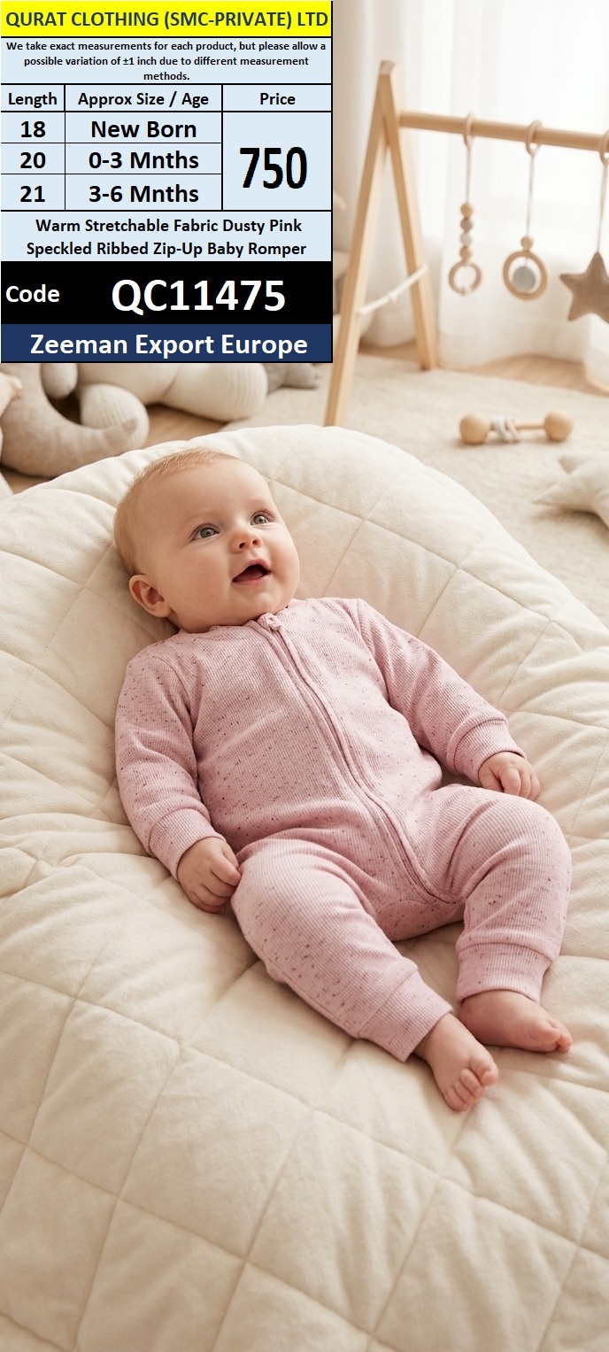 Zeeman Export Europe Warm Stretchable Dusty Pink Speckled Ribbed Zip-Up Baby Romper – QC11475