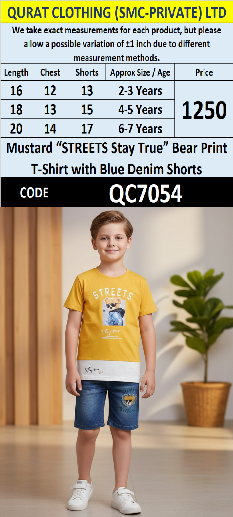 Mustard “STREETS Stay True” Bear Print T-Shirt with Blue Denim Shorts Boys Summer Set QC7054