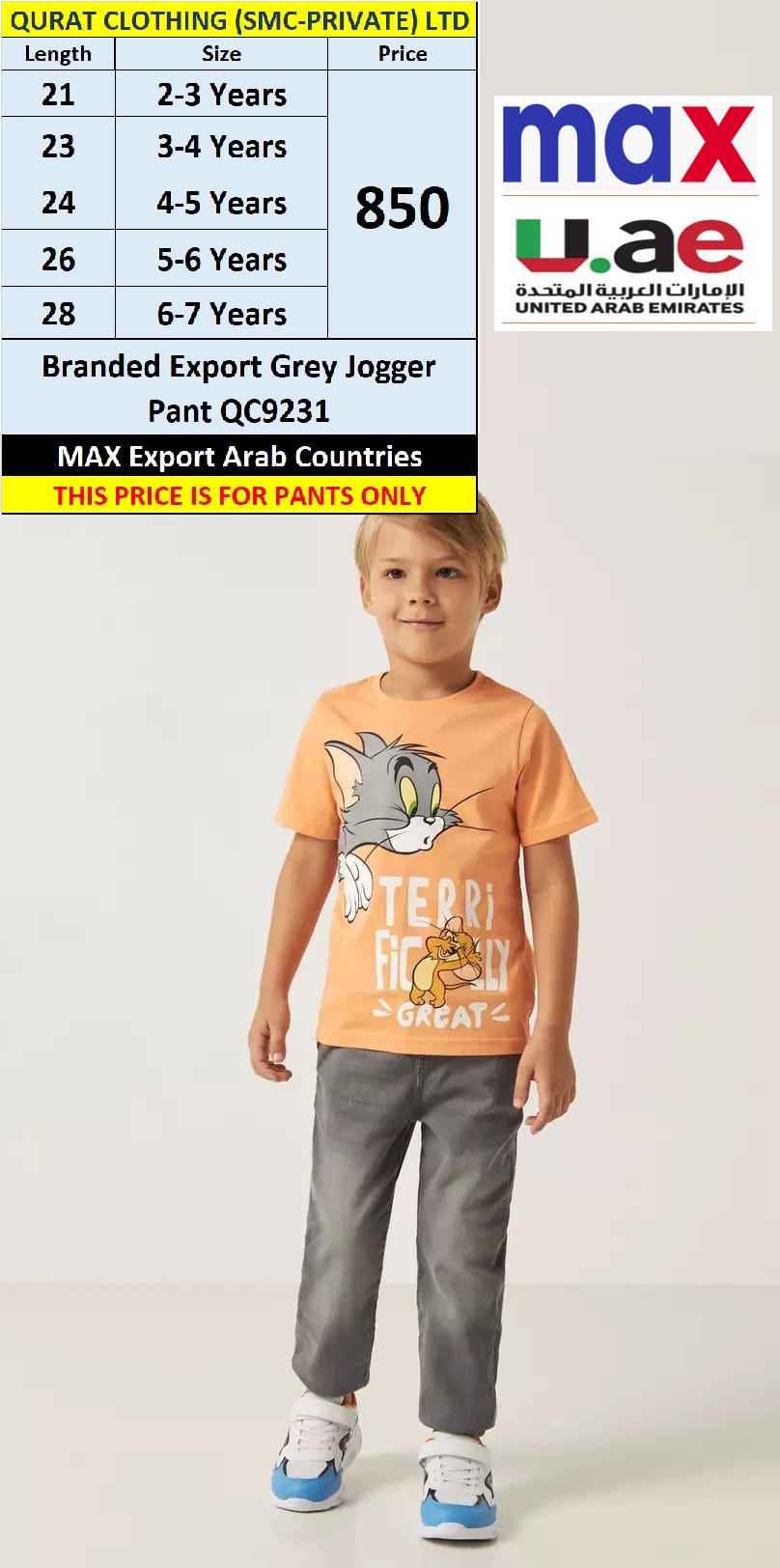 Max Fashion Branded Grey Jogger Pant QC9231 Export Arab Countries