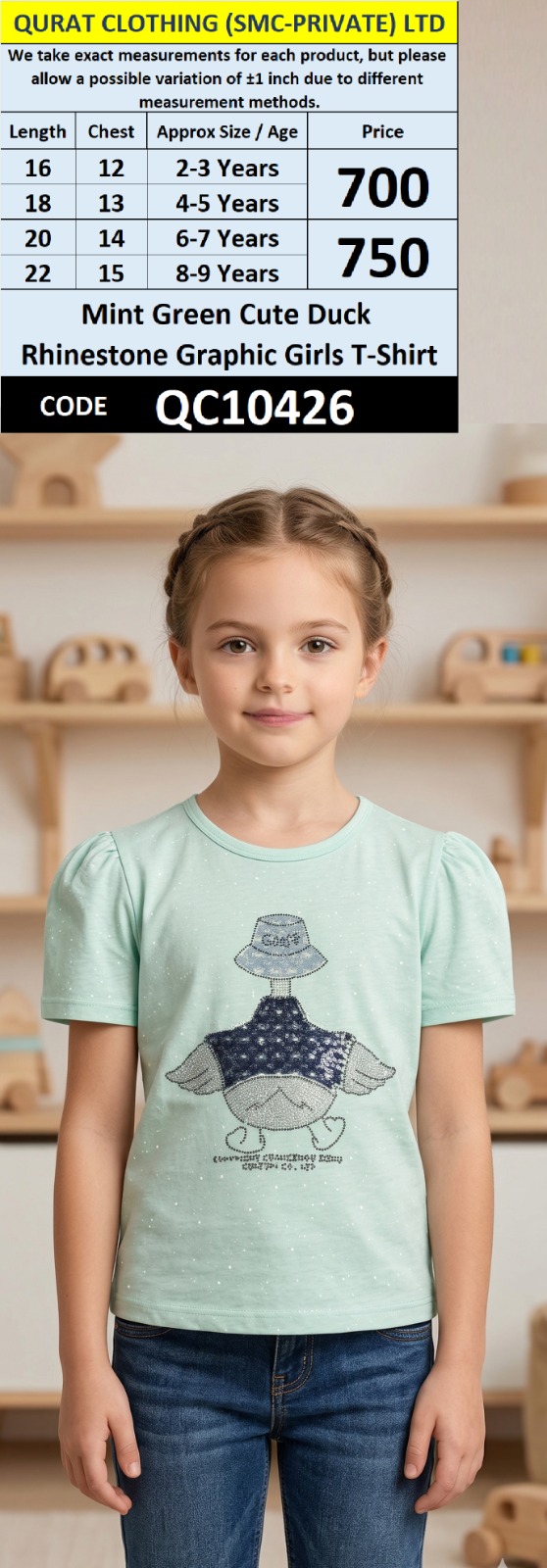 Mint Green Cute Duck Rhinestone Graphic Girls T-Shirt – QC10426