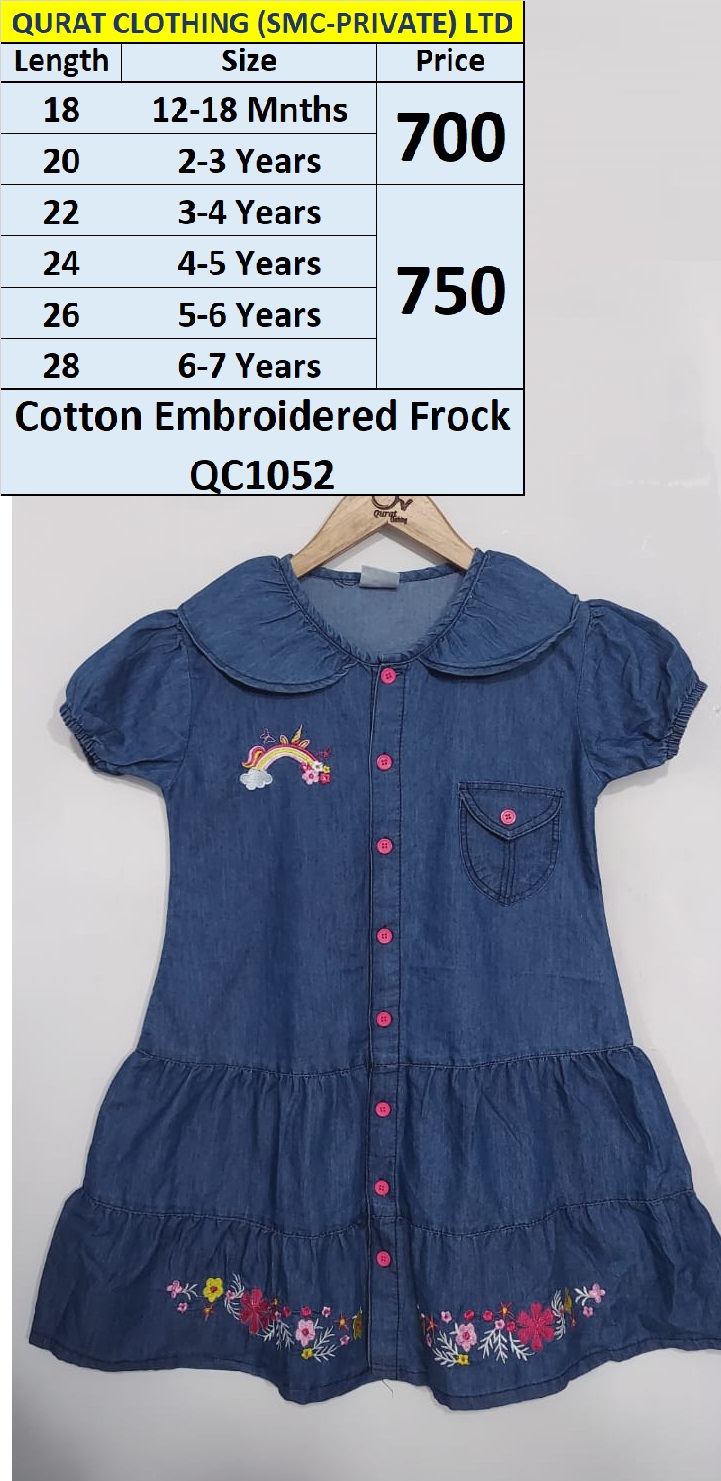 Light Blue Cotton Unicorn & Rainbow Embroidered Frock QC1052