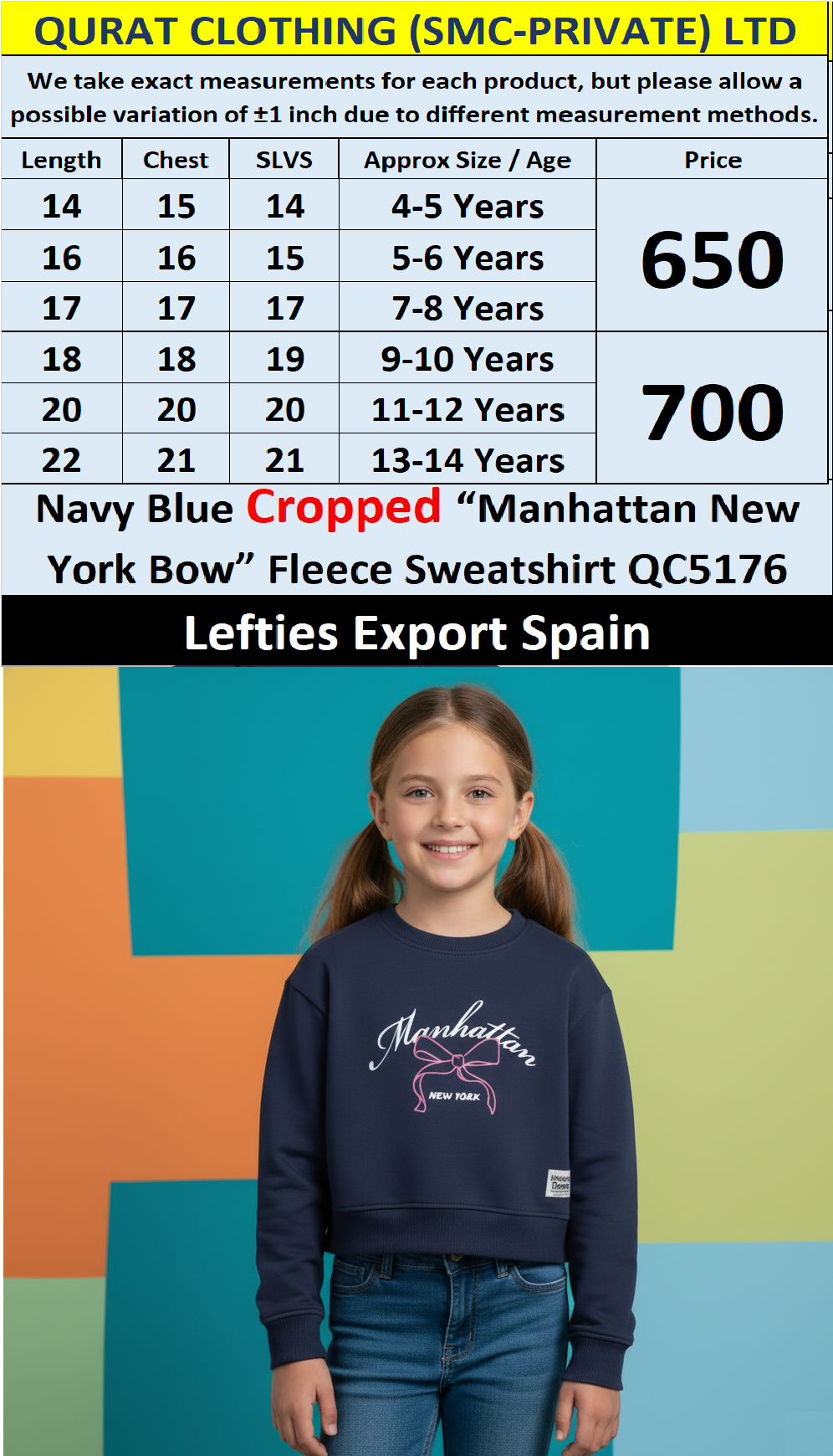 Lefties Brand Navy Blue Cropped “Manhattan New York Bow” Fleece Sweatshirt QC5176 – Export Spain