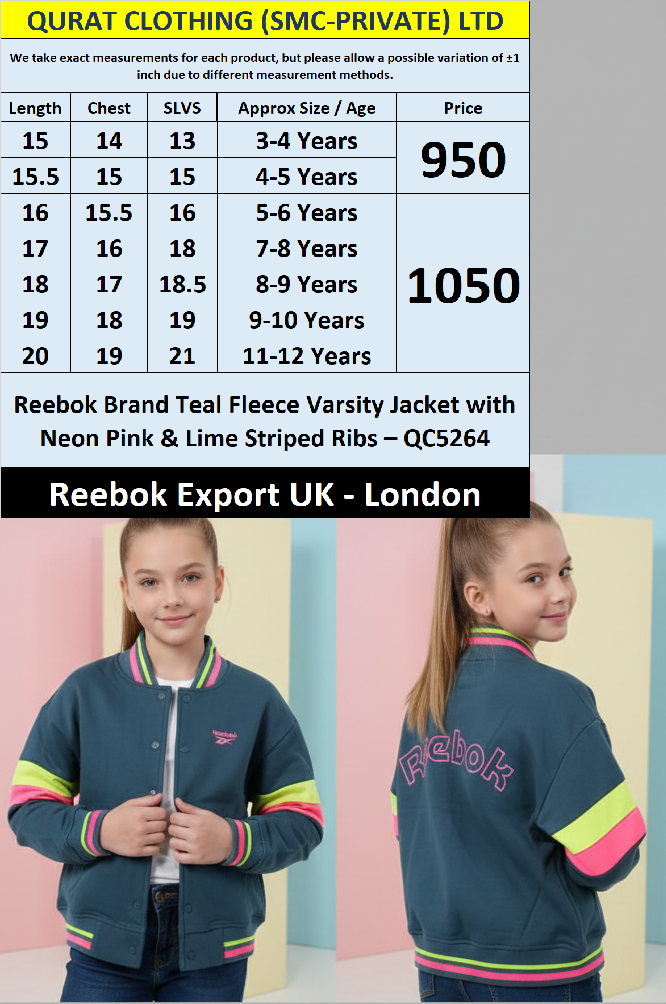 Reebok Brand Teal Fleece Varsity Jacket with Neon Pink & Lime Striped Ribs – QC5264 – Export UK London