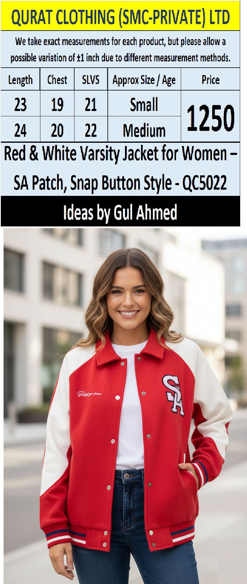 Red & White Varsity Jacket for Women – SA Patch, Snap Button Style QC5022 – Ideas by Gul Ahmed Export