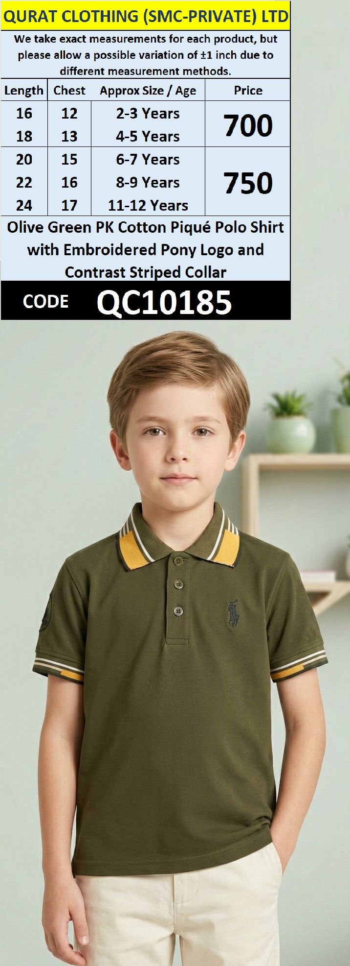 Olive Green PK Cotton Piqué Polo Shirt with Embroidered Pony Logo and Contrast Striped Collar – QC10185