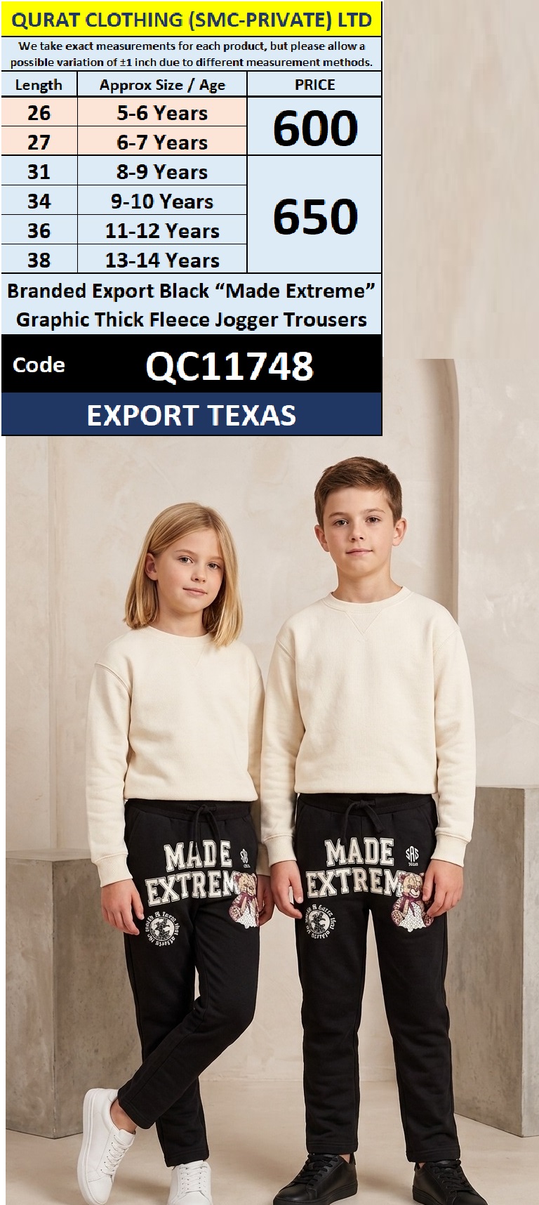 Branded Export Black "Made Extreme" Graphic Thick Fleece Jogger Trousers Export Texas QC11748