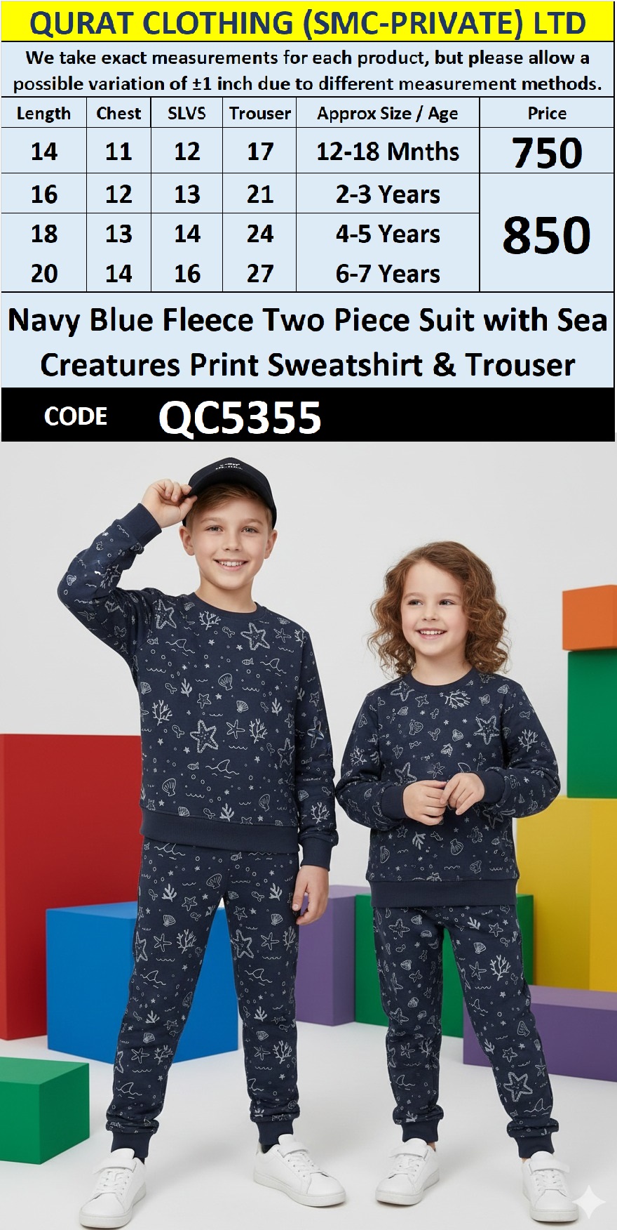 Navy Blue Fleece Two Piece Suit Sea Creatures Print Sweatshirt & Trouser QC5355