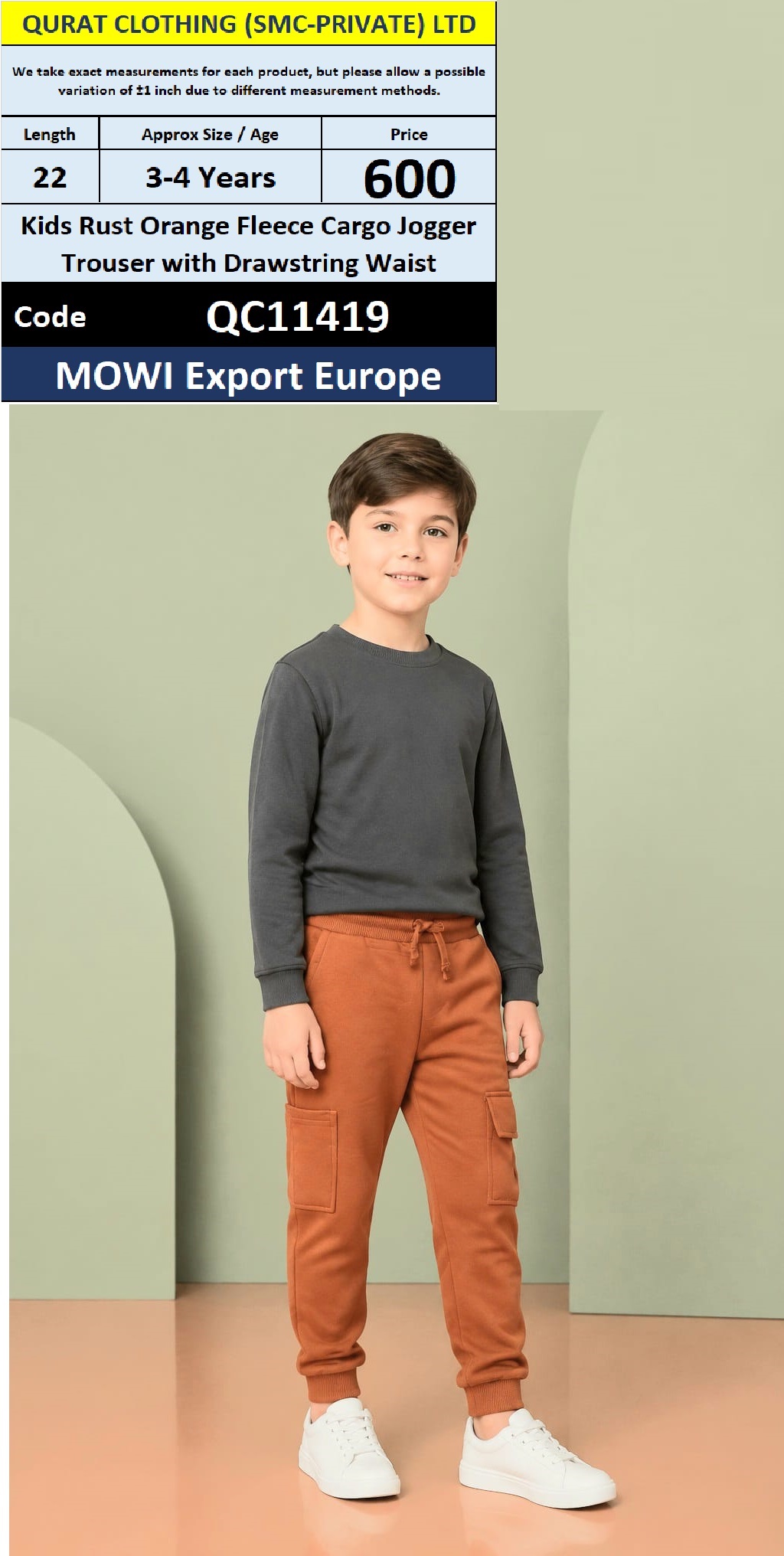 MOWI Export Europe Kids Rust Orange Fleece Cargo Jogger Trouser with Drawstring Waist – QC11419