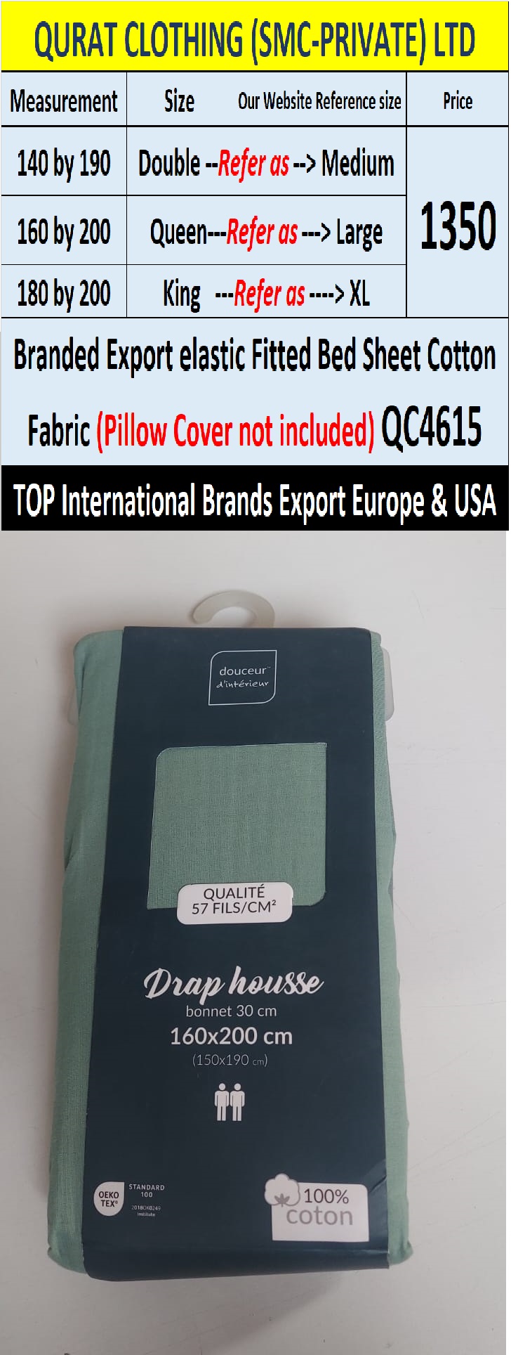 Top Intl Brand Elastic Fitted Cotton Bed Sheet QC4615 Export Europe & USA