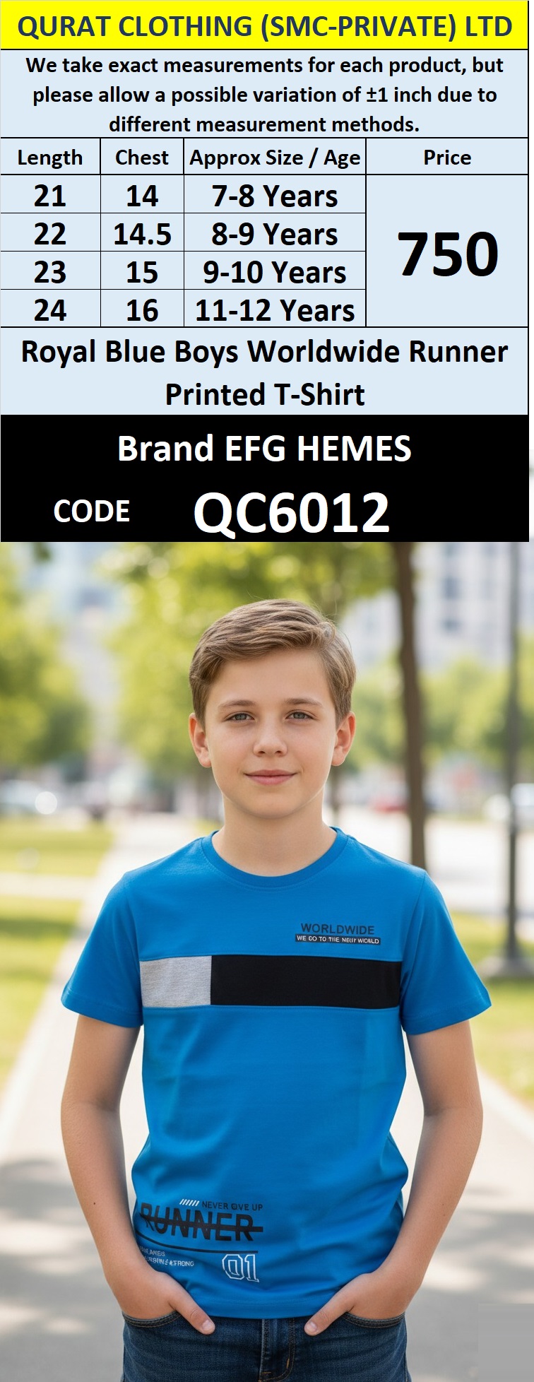 Royal Blue Cotton Blend Boys T-Shirt WORLDWIDE Runner Printed Text – QC6012