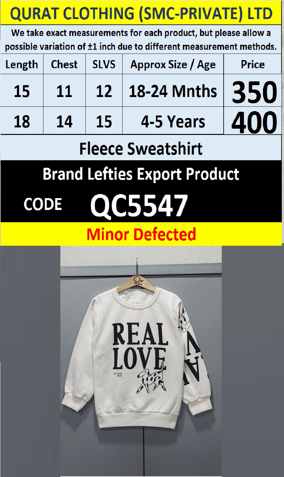 Lefties Brand Fleece Sweatshirt Export Europe or USA (Minor Defected Product) - QC5547
