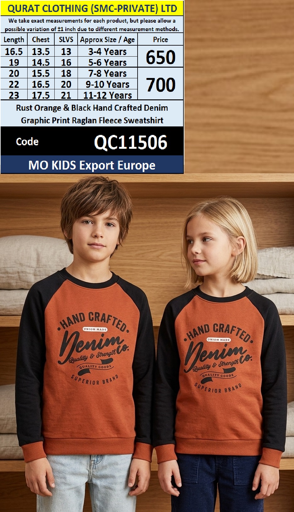 MO KIDS Export Europe Rust Orange & Black Hand Crafted Denim Graphic Print Raglan Fleece Sweatshirt – QC11506