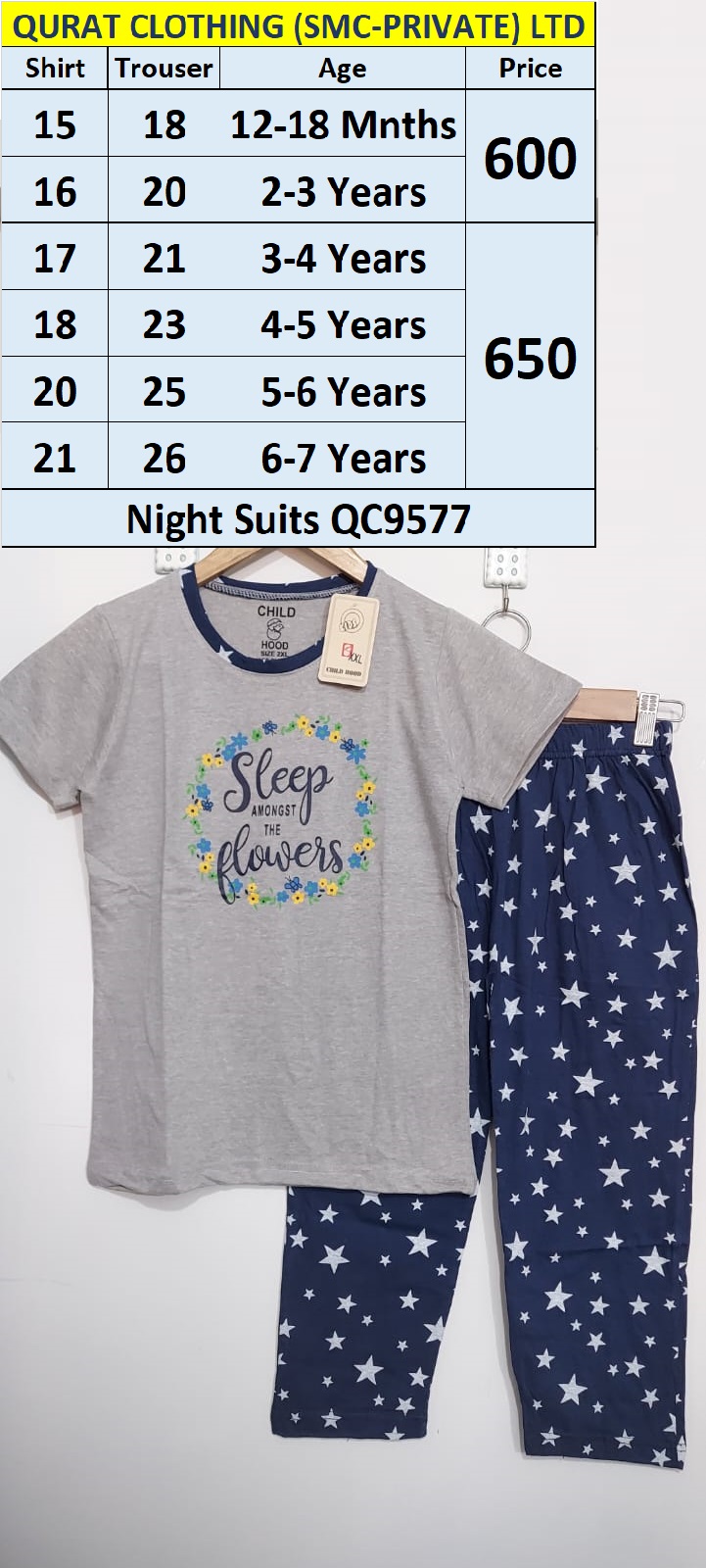 Grey Sleep Against the Flowers Night Suits QC9577 Brand Childhood