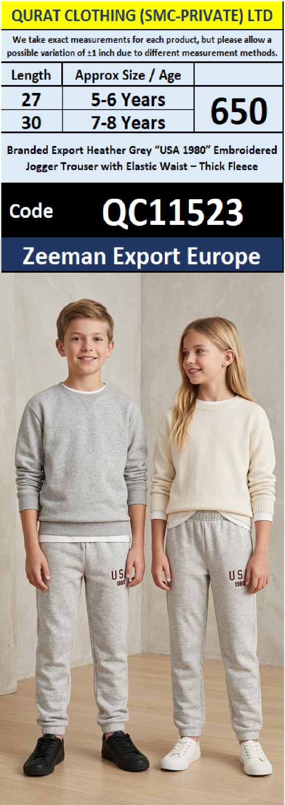 Zeeman Export Europe Branded Heather Grey “USA 1980” Embroidered Jogger Trouser with Elastic Waist – Thick Fleece Kids – QC11523