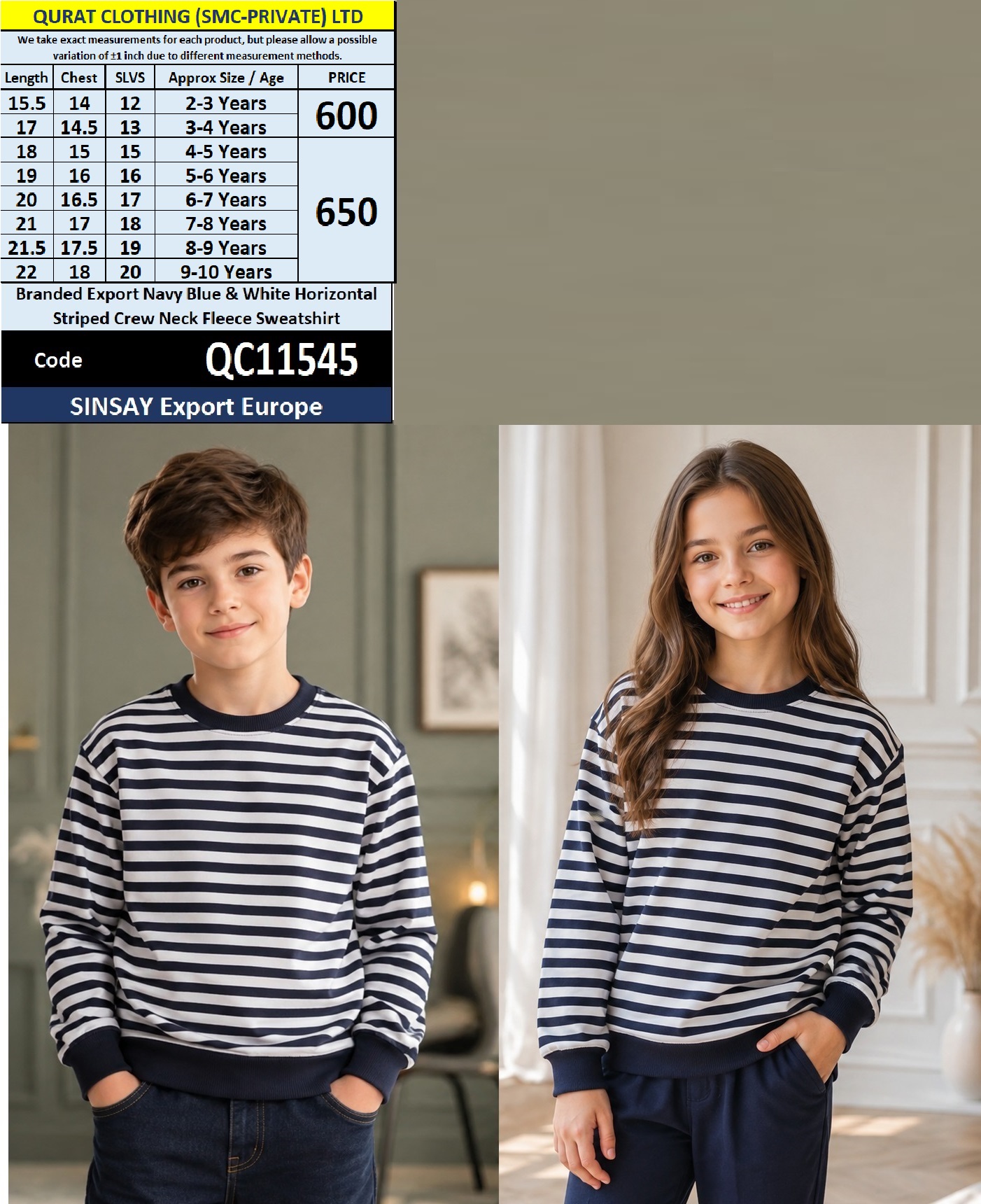 SINSAY Export Europe Branded Navy Blue & White Horizontal Striped Crew Neck Fleece Sweatshirt – QC11545