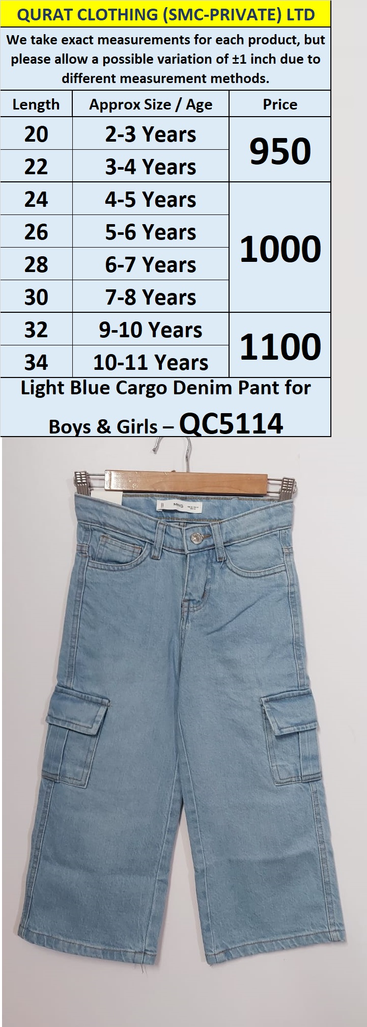 Light Blue Cargo Denim Pant – with Utility Pockets for Boys & Girls – QC5114