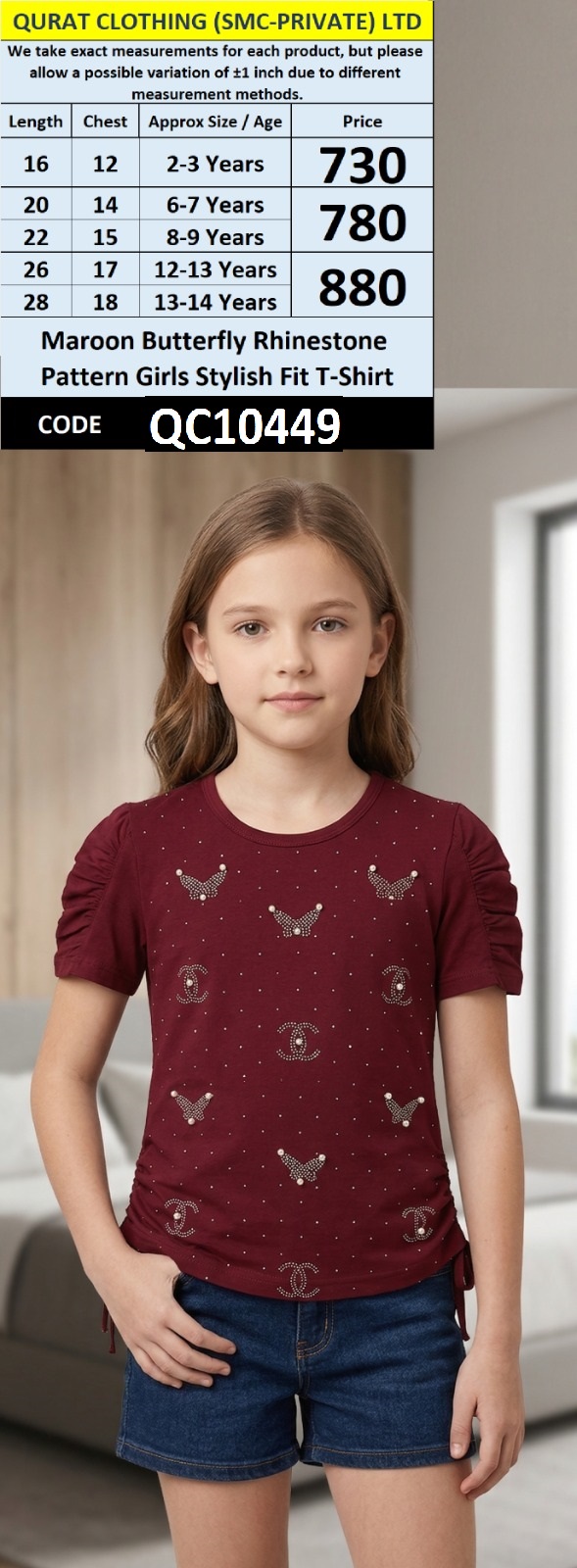 Maroon Butterfly Rhinestone Pattern Girls Stylish Fit T-Shirt QC10449