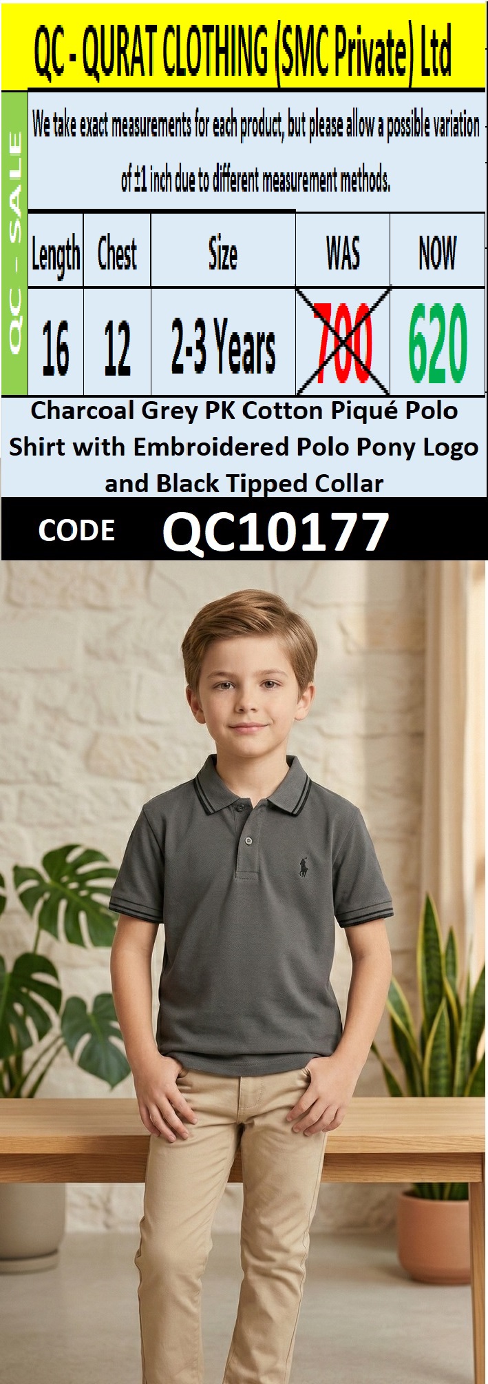 Charcoal Grey PK Cotton Piqué Polo Shirt with Embroidered Polo Pony Logo and Black Tipped Collar – QC10177