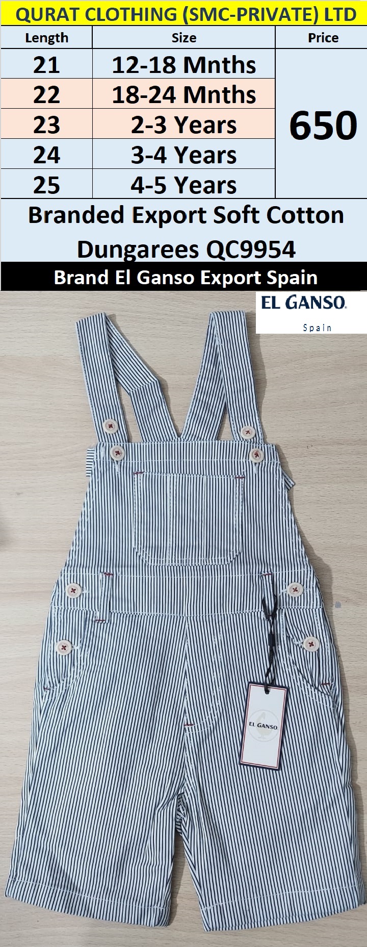 Unisex Branded Export Soft Cotton Dungaree / Romper QC9954 Brand El Ganso