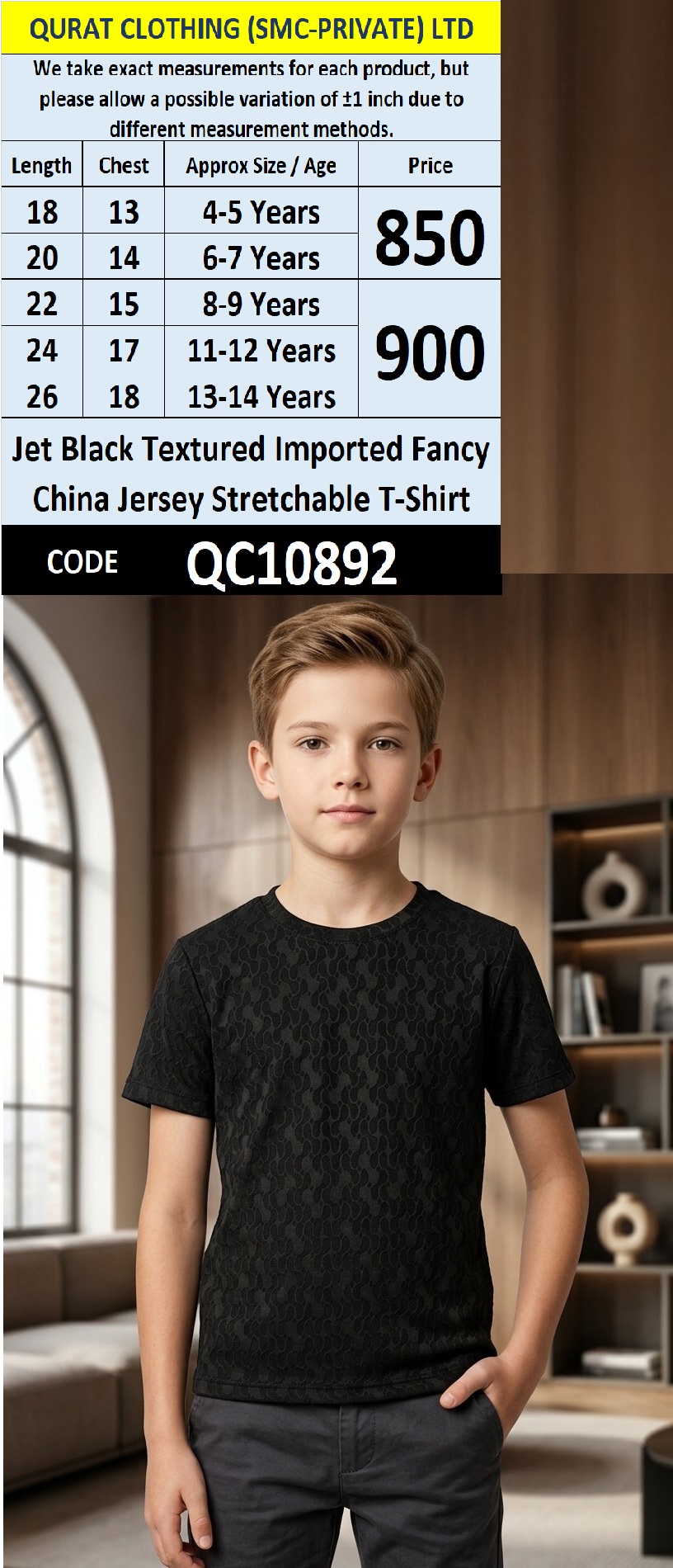Jet Black Textured Imported Fancy China Jersey Stretchable T-Shirt QC10892