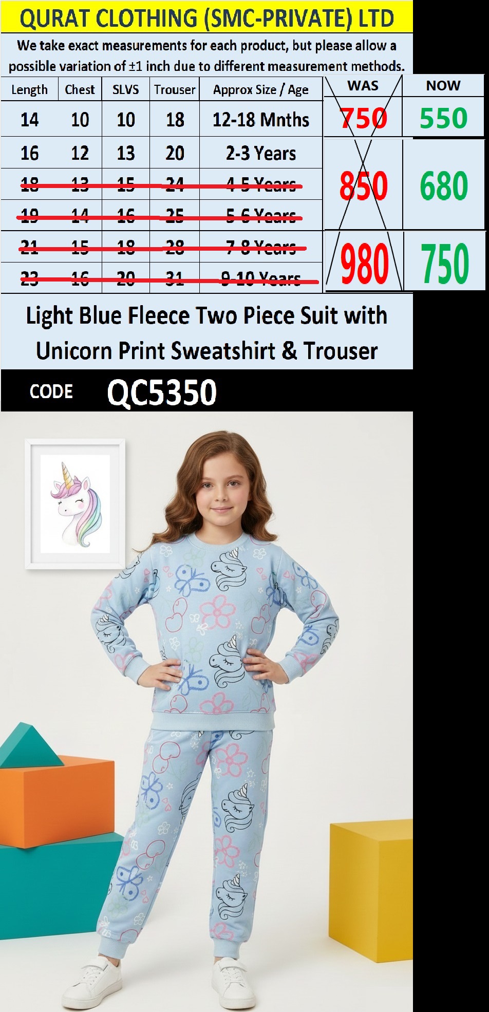 Light Blue Fleece Two Piece Suit with Unicorn Print Sweatshirt & Trouser QC5350