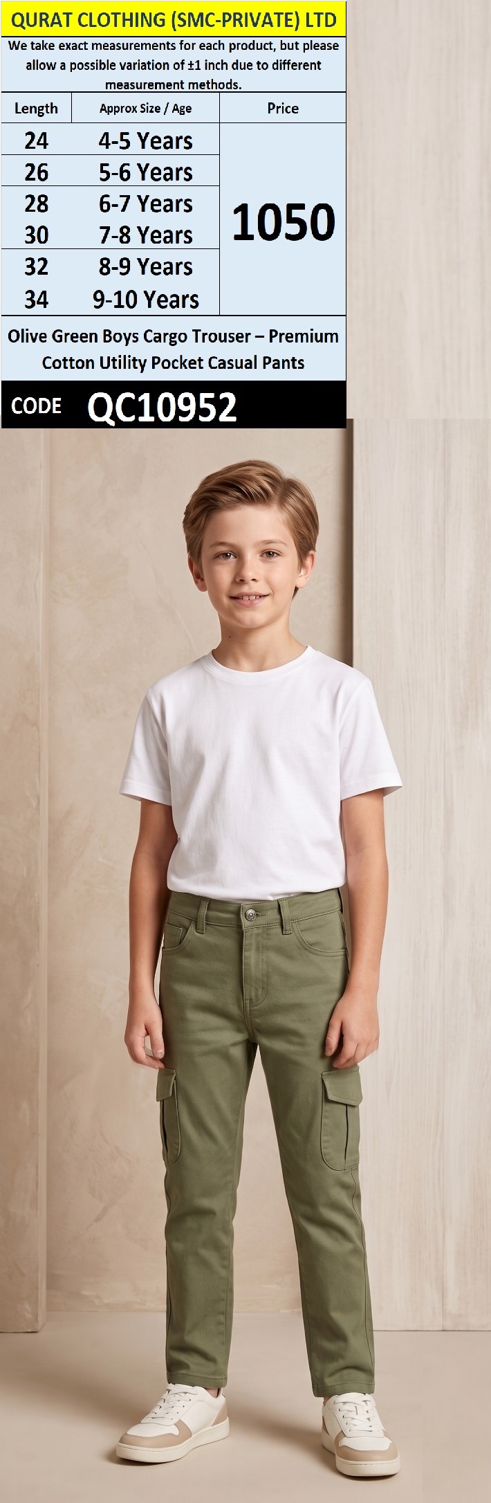 Olive Green Boys Cargo Trouser – Premium Cotton Utility Pocket Casual Pants – QC10952