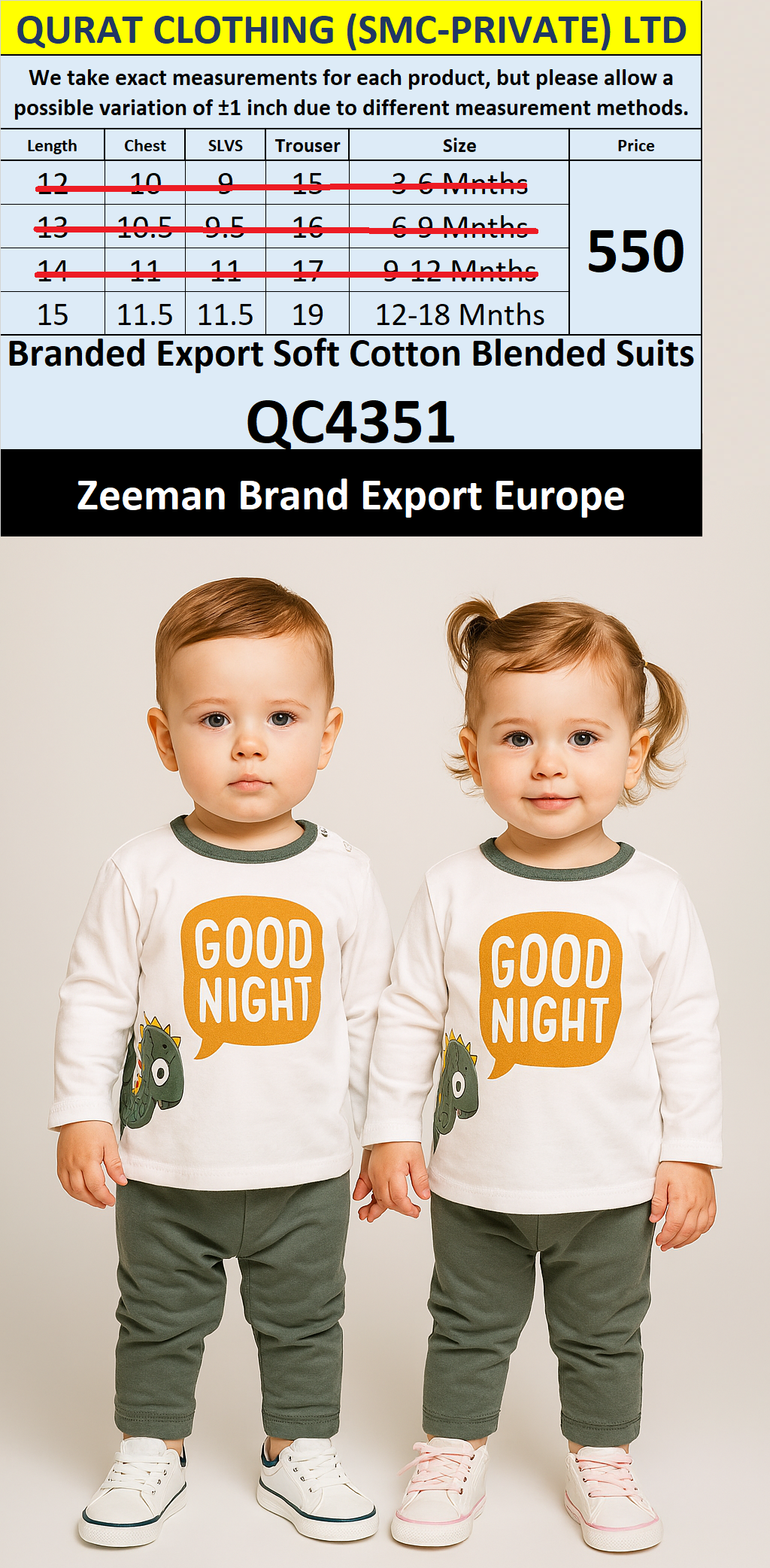 Zeeman Brand Unisex Soft Cotton Blended Suits QC4351 Export Europe 